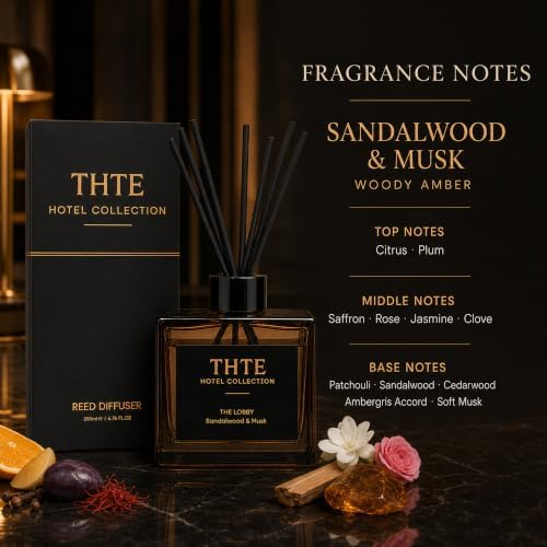 Hotel Reed Diffuser Set, 6.7 fl oz, Sandalwood and Musk with Citrus, Plum, Saffron, Cedarwood and Patchouli, Long-Lasting Home Fragrance for Bedroom, Living Room and Office