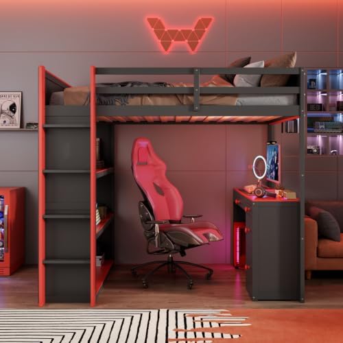 LUMISOL Full Gaming Loft Bed with Desk and Storage Shelves, Solid Wood Loft Bed with Drawers and Computer Desk for Teens, Space Saving High Loft Bed Frame for Kids Bedroom Red