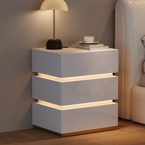 homary LED Smart Nightstand Set of 2 with Wireless Charging, USB & Type-C Ports – Modern White Bedside Table with Storage and Adjustable Light, Bedroom Night Stand with 3-Drawer