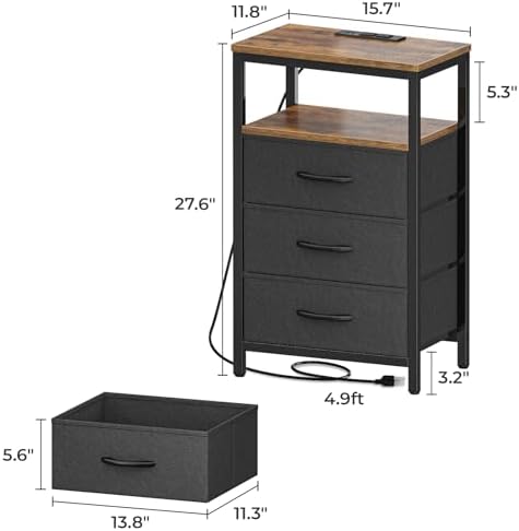 Huuger Nightstand with Charging Station, 27.6 Inch Bedside Table,Side Table