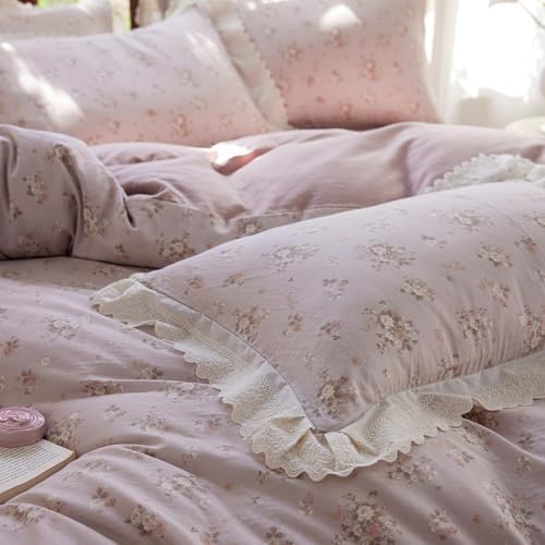 LifeTB Vintage Flower Duvet Cover Set King, Muslin Cotton Romantic Lace Ruffled Bedding Set, Floral Cottagecore Bedding Duvet Cover, Linen Like Gauze Breathable Comforter Cover with Zipper Ties