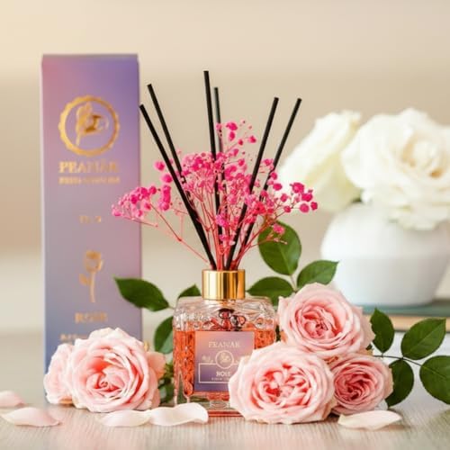 PEANÄK Reed Diffuser Set - Sandalwood Rose Fragrance 6.7oz (200 ml) - Real Preserved Flowers & 8 Reed Sticks for Bathroom Shelf Decor Home Diffuser & Office Scent with Long Lasting Gift Scent