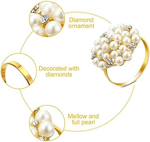 Hotop 72 Pcs Gold Napkin Rings Pearls Round Flower Napkin Buckles