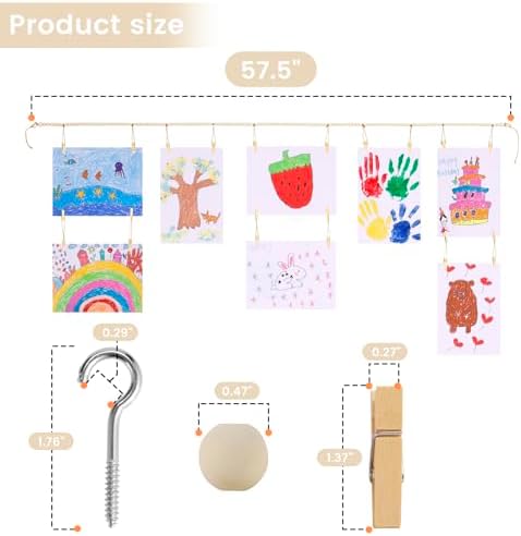 KLOGTSIND Kids Art Display Wall Decor, Wood Beads Garland with 34 Clips