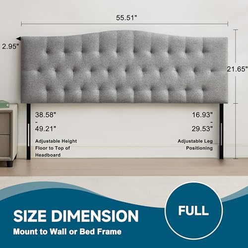 Tufted Upholstered Full Size Headboard Only, Adjustable 38-50 in, Gray