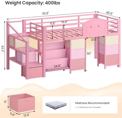 Low Loft Bed Twin Size with 9 Storage Drawers, Bookcase and LED Lights, Metal Kids Loft Bed with Wide Staircase, Open Shelves and Safety Guardrail, Twin Loft Bed with Under-Bed Playhouse, Pink