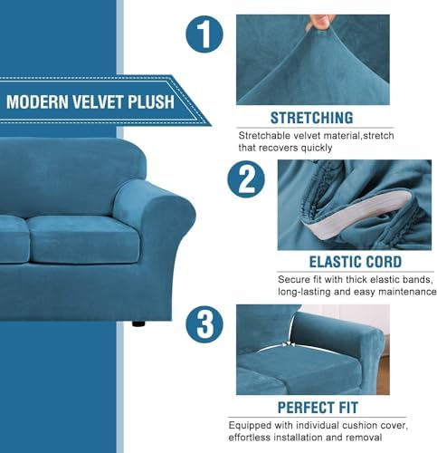 H.VERSAILTEX High Stretch Sofa Slipcover 4 Piece Cover Velvet Furniture Protector Form Fit Thick Velvet Extra Large Sofa Cover for 3 Cushion Couch Width Up to 97 Inch (Large Sofa, Peacock Blue)