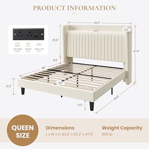 SHA CERLIN Queen Size Velvet Bed Frame with Shelf, Charging Station, Cream