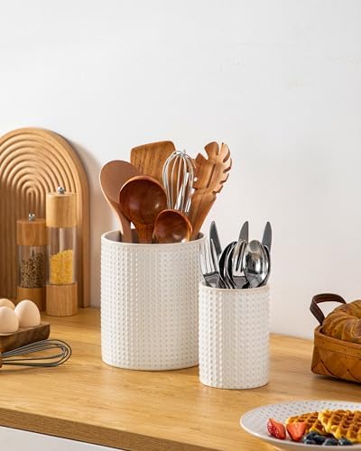 MALACASA LYDIA Ceramic Utensil Holder, 7.3"+5.5" Kitchen Utensil Crock Set for Countertop, Large & Small Utensil Organizers for Cooking Tools, Rhombus Pattern