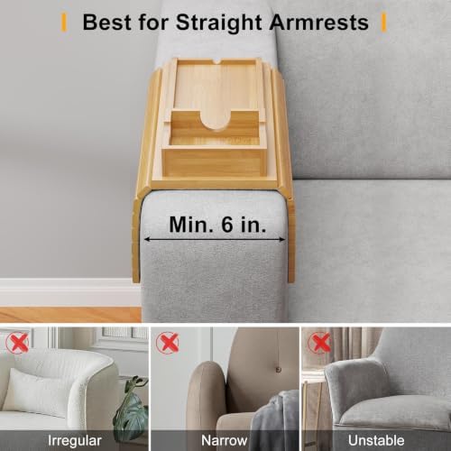 Bestjing 2 Pack Sofa Armrest Tray with Detachable Cup Holder Tray (Bamboo)