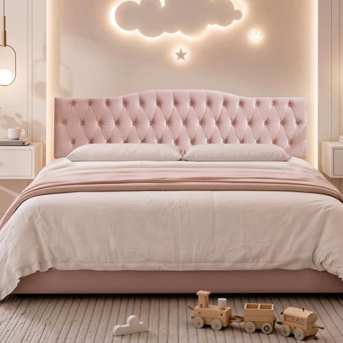 Iroomy Upholstered Queen Headboard, Button Diamond Tufted Headboard with Adjustable Height and Solid Wood Leg, Velvet Padded Headboards for Queen Size Bed, Modern Head Board, Pink