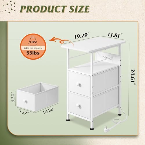 WLIVE Nightstand Set of 2 with Charging Station, End Table Sets with LED Lights, 2 Fabric Drawers and Open Shelf, Bed Side Tables Living Room, Small Space, Night Stand for Bedroom，White