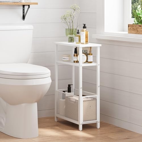 MMEOLUOOK Narrow Side Table with Storage Basket Skinny End Tables for Smalls Spaces 3 Tier Sofa Table Small Nightstand Slim Bedside Table for Living Room Bedroom White MLBZ22W
