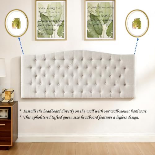 24KF Upholstered Tufted Button Wall Mounted Linen Headboard,Comfortable Fashional Headboard Queen/Full Size,6055-Q-Ivory
