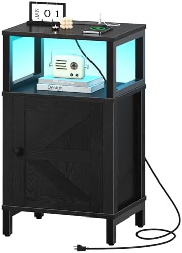 Yoobure Farmhouse Nightstand with Charging Station, Night Stand Barn Door