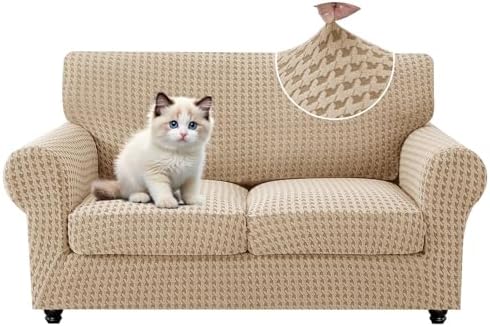 MAXIJIN 3 Pieces Stretch Sofa Covers for 2 Cushion Couch Loveseat Cover for Dogs Washable Love Seat Sofa Slipcovers Thick Soft Furniture Protector with Non Slip Strap (Khaki, 55"-69")