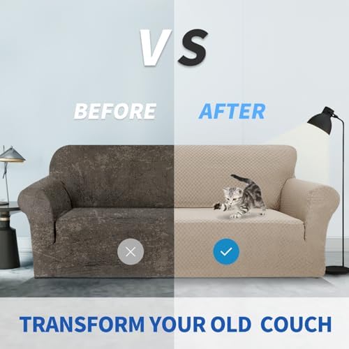 ZNSAYOTX 1 Piece Jacquard Couch Covers for 3 Cushion Couch Living Room High Stretch Sofa Cover Pets Dogs Friendly Anti Slip Thickened Slipcovers Furniture Protector (Sofa, Khaki)