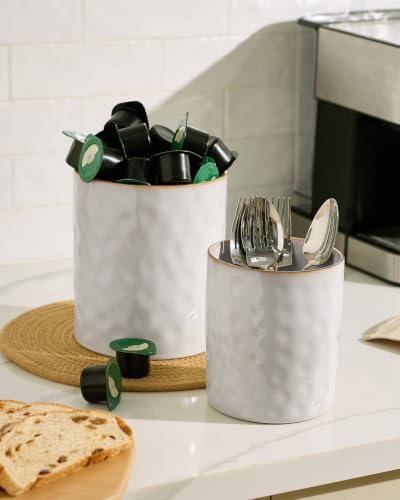 famiware Ceramic Utensil Holder, 7.2"+5.8", Set of 2, Cappuccino White