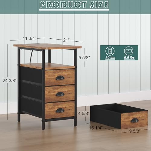 sthmec End Table with Charging Station,LED Side Tables with USB Ports and Outlets,Narrow Nightstands Bedside Tables with 3 Fabric Drawers for Small Space,Slim Sofa Table for Livingroom, Rustic Brown