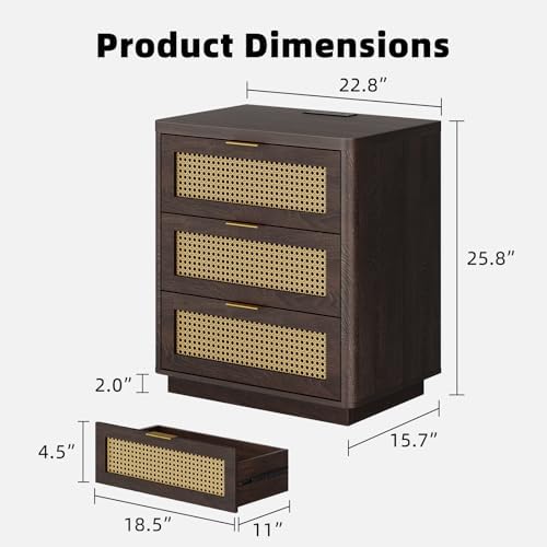 Kalrin 23" W Rattan Nightstand with 3 Drawers for Bedroom, Dark Walnut
