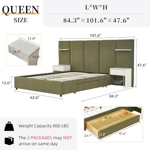 Queen Bed Frame with Storage & Built-in Nightstands & Drawer, Grayish Olive