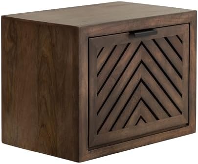 Kate and Laurel Mezzeta Modern Floating Shelf Side Table with Storage Cubby; 16 x 10 x 12; Natural Wood; Decorative Slatted Wood Floating Nightstand with Pull Down Door for Use as Bathroom Storage