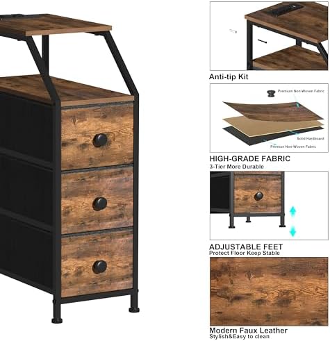 Tohomeor Narrow Dresser Tall Skinny Storage Tower Vertical Slim Chest of Drawers with Charging Station Small Nightstand Side Table for Bedroom, Bathroom, Small Spaces (Rustic Brown, 3 Drawers)