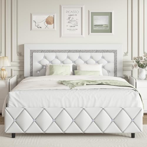 Queen Bed Frame, Upholstered Platform Bed with Button Tufted Headboard