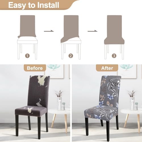 SearchI Dining Room Chair Covers Set of 6, Stretch Printed Kitchen Chair Slipcovers Removable Washable Parsons Chair Covers Protector for Dining Room, Hotel, Ceremony (Flower Pattern4)