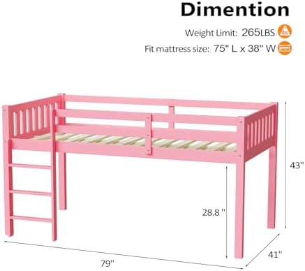 JOYMOR Low Loft Bed Twin Size with Stairs, Wooden Loft Bed for Kids, Junior，Young Teens，Pine Wood Twin Bed Frame, Space-Saving Design, No Box Spring Needed, Pink