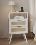 JOONEE Rattan Nightstand with Charging Station,Farmhouse Bedside Table with 2 Storage Drawer and Open Wood Shelf, for Bedroom and Small Spaces,Night Stand with Solid Wood Legs (White-Outlet)