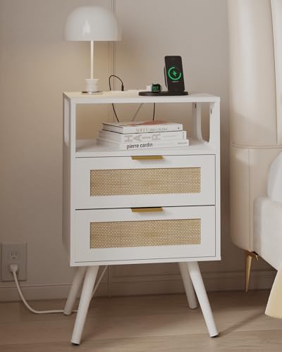 JOONEE Rattan Nightstand with Charging Station,Farmhouse Bedside Table with 2 Storage Drawer and Open Wood Shelf, for Bedroom and Small Spaces,Night Stand with Solid Wood Legs (White-Outlet)