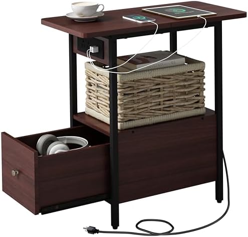 LIDYUK End Table with Charging Station, Narrow Side Table with Drawer