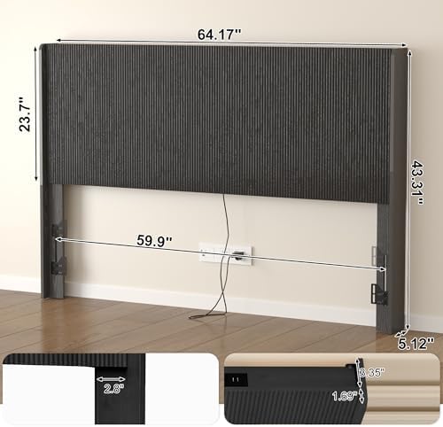 Queen Size Headboard Only, Wood Head Board with Charging Station & LED Lights, Modern Fluted Wall-Mounted Bed Headboards for Bedroom, Height Adjustable, Black