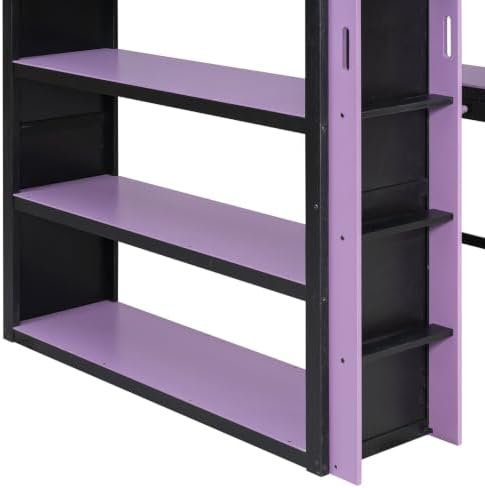 LUMISOL Full Gaming Loft Bed with Desk and Storage Shelves, Solid Wood Loft Bed with Drawers and Computer Desk for Teens, Space Saving High Loft Bed Frame for Kids Bedroom Purple