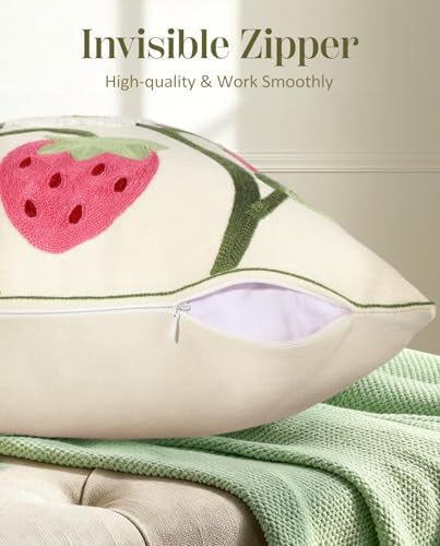 Embroidered Throw Pillow Cover 18x18 Inch, Branch Strawberry