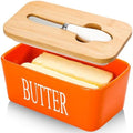 Ceramic Butter Dish with Lid and Knife Silicone Seal for Countertop Orange