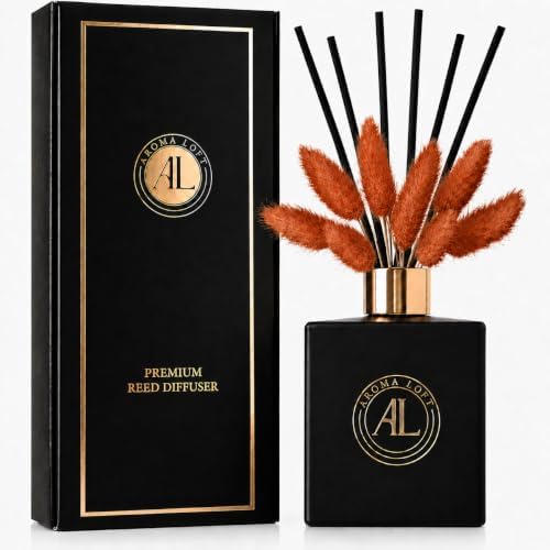 Black Reed Diffuser Sticks in Oil Set with Rustic Amber Scent | Long-Lasting Reed Diffusers for Home, Office & Bedroom Decor Fragrance Diffuser | BunnyTail Orange Dried Flowers | (5 oz)