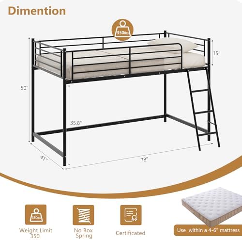JOYMOR Low Loft Bed with Inclined Ladder, Metal Twin Size Bed Frame with 15” High Guardrail for Boys Girls, Junior, Space Saving, Mattress Not Included (Black)