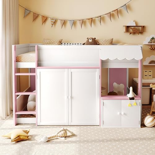 Bellemave Full Size Low loft Bed for Kids,Wood Modern Farmhouse Full Loft Bed with Storage Cabinets, No Box Spring Needed, White+Pink