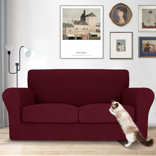 MAXIJIN 3 Piece Couch Covers for 2 Cushion Couch loveseat Cover, Stretch Love Seat Sofa Slipcovers for Dogs Pet, Thick Furniture Protector with 2 Seat Cushion (55"-69", Wine Red)