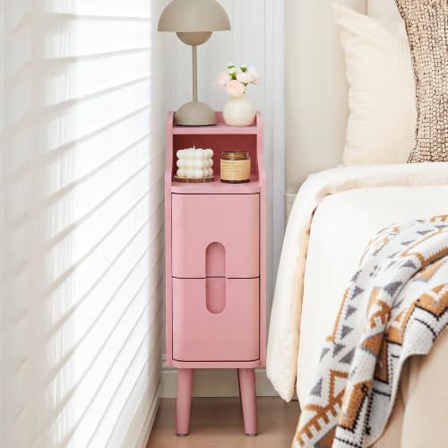 Narrow Nightstand Skinny End Bedside Table with 2 Drawers (Pink-1 pc)