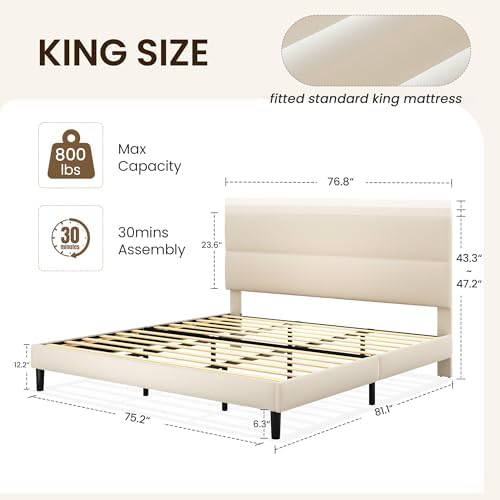 GRUSIGN King Size Platform Bed Frame with Velvet Headboard, Adjustable Height Wooden Slats Support, Upholstered Mattress Foundation, Fits Mattress or Mattress with Box Spring, Easy Assembly, Beige
