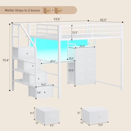 Full Size Loft Bed with Desk, Storage Stairs, LED Lights, White
