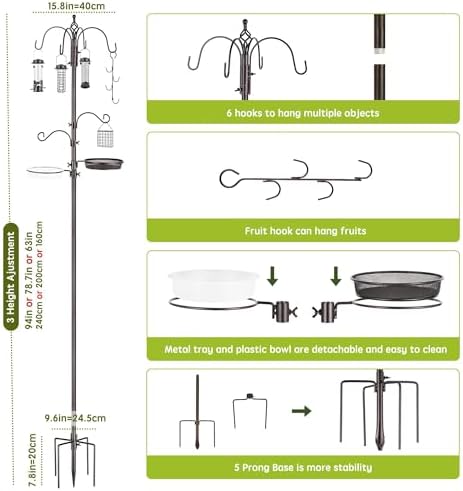 Bird Feeder Station with Suet Cage & Water Bowl Fruit Hook- Adjustable Pole, 6 Hanging Hooks for Wild Birds, Outdoor Garden Bird Feeding Kit