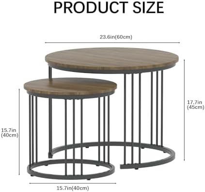 Garden 4 you Nesting Coffee Table, 23.6" Round Coffee Table Set of 2, Wooden Nesting Table with Metal Frame, Ceter Tables for Living Room Bedroom Balcony, Brown