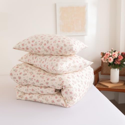 Floral Duvet Cover Set Queen Size, 3 Pieces Pink Flower and Green Leaf Pattern, Soft Microfiber Reversible Cottagecore Bedding Set with 2 Pillowcases, Comforter Insert Not Included, Cream