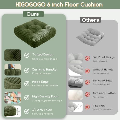 HIGOGOGO 6" Extra Thick Floor Pillow Cushion for Adults, Meditation Cushion Pillow, Large Square Floor Sitting, Tufted Corduroy Cover, for Tatami Living Room or Yoga, 22x22 Inch, 2Pack, Dark Green