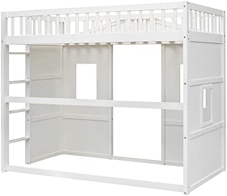 Twin Size Wood Loft Bed, House Bed Frame with Ladder and Safety Guardrails for Kids, No Box Spring Needed, White