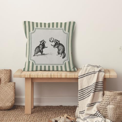 Funny Soccer Raccoon Sports Throw Pillow Cover 18x18, Sage Green Striped Raccoon Decorative Pillow Covers for Kids Boys Room Bedroom Playroom, Sports Nursery Decor Accent Pillows Cover Pillowcases